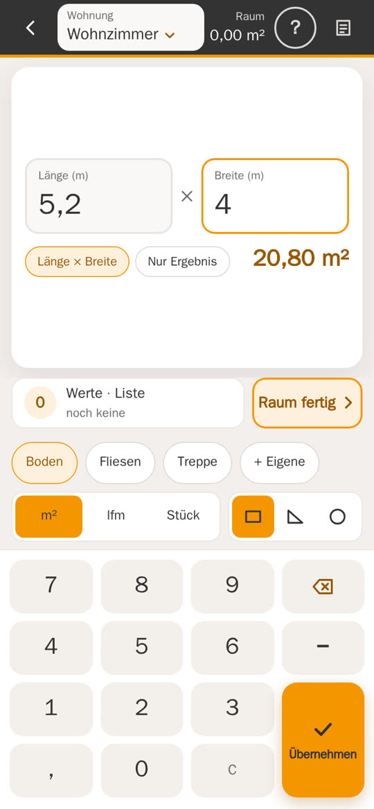 Aufmaß-Rechner in der App am Handy