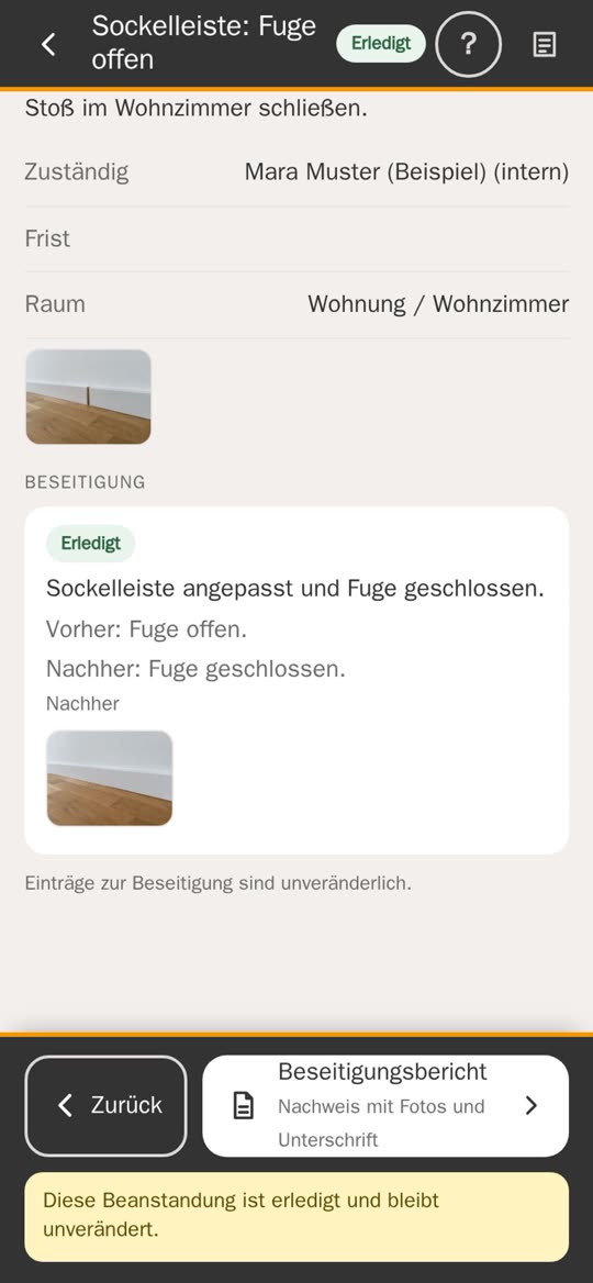 Beanstandung mit Vorher-Nachher-Bildern in der App am Handy