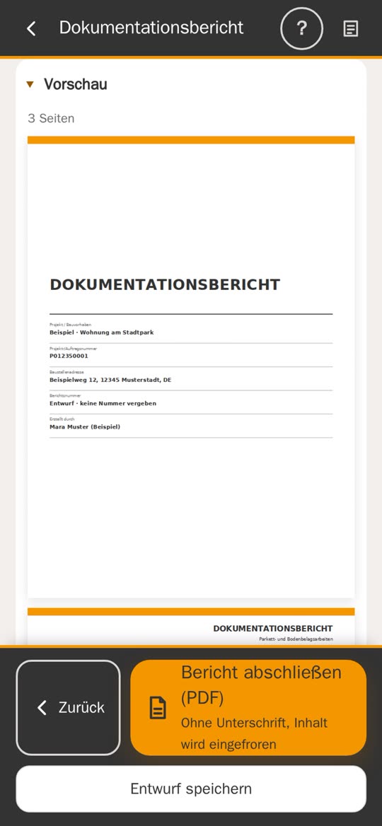 Berichtsvorschau in der App am Handy